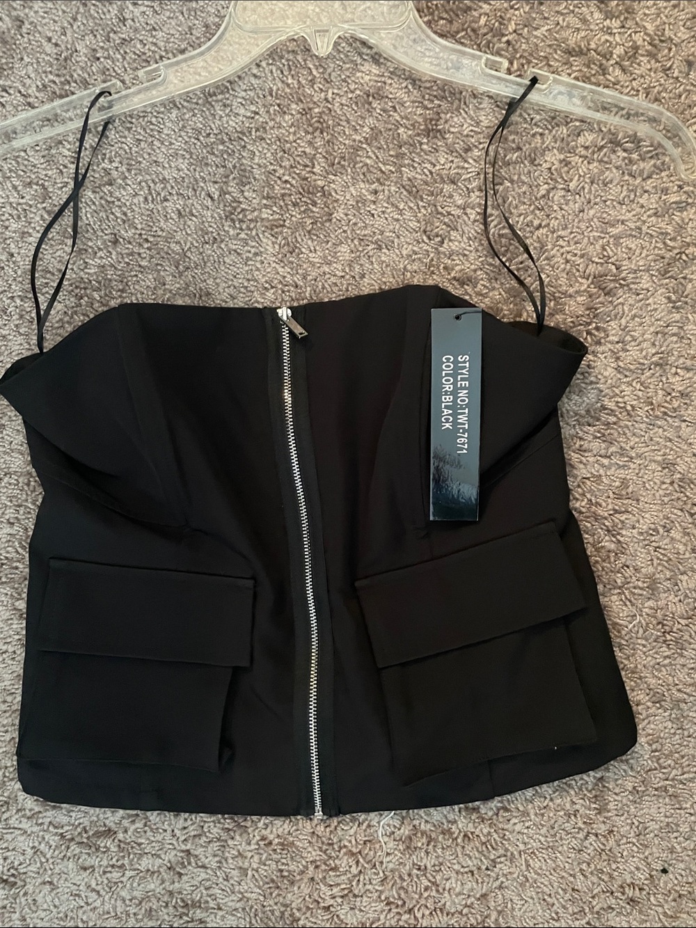Black Strapless Crop Top with Front Zip